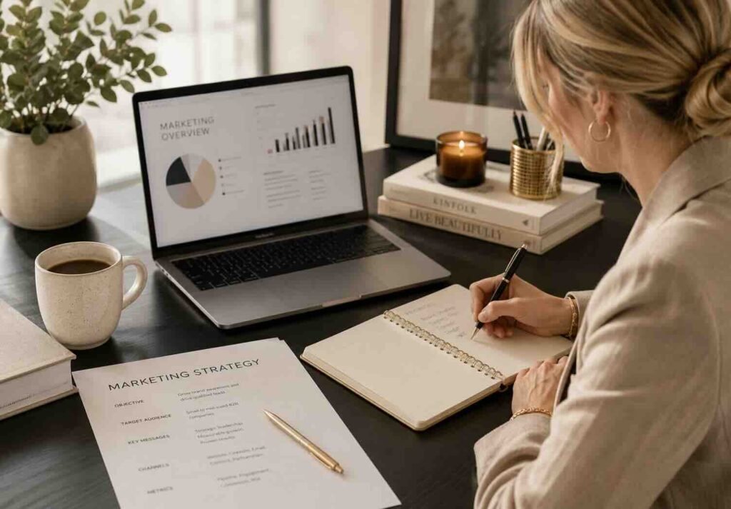 Marketing leader reviewing strategy, performance data and business priorities
