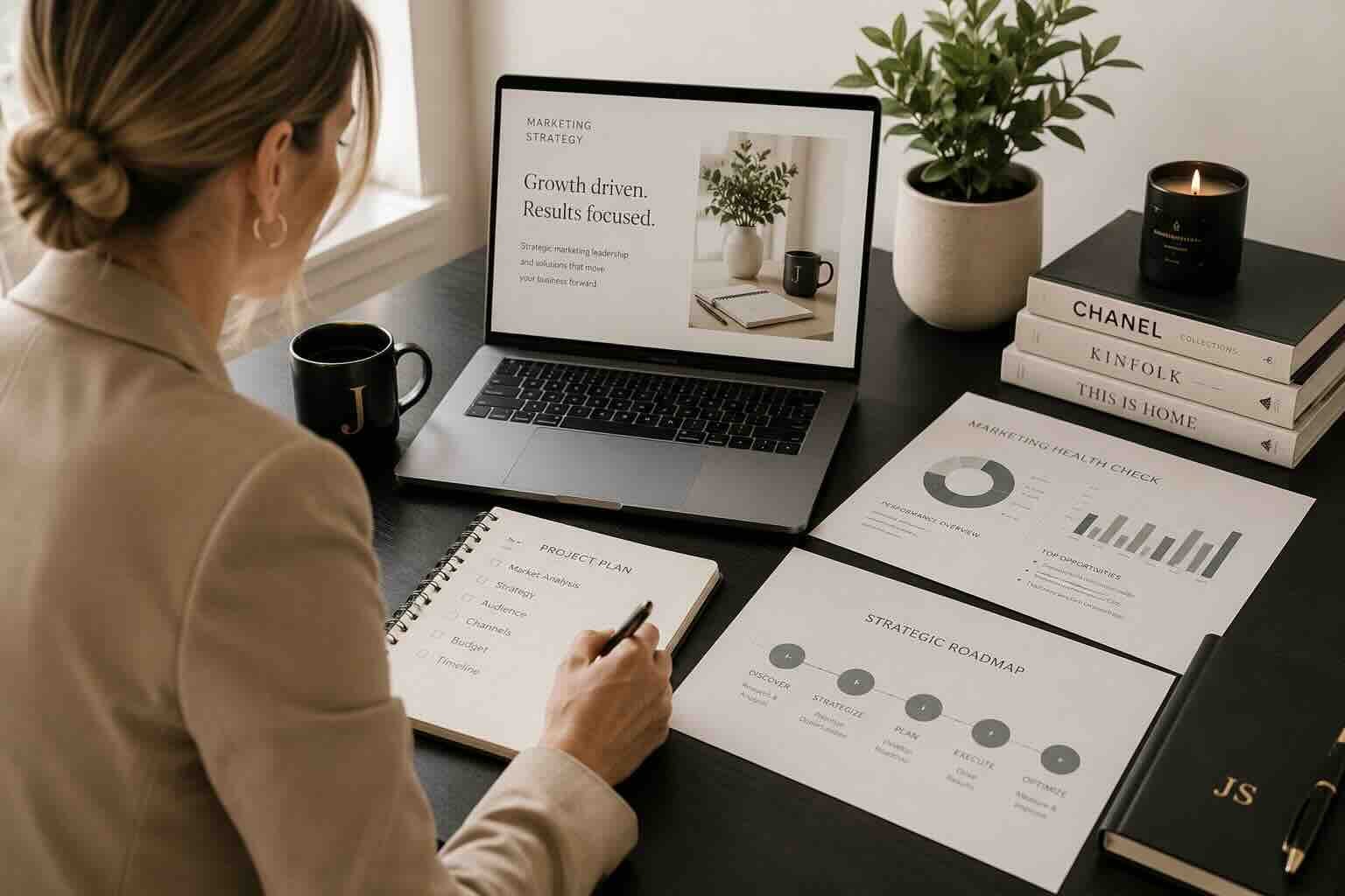 Marketing consultant reviewing strategy, health check and strategic roadmap materials