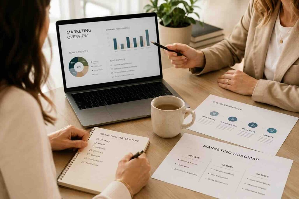 Marketing health check reviewing performance data, customer journey and strategic priorities