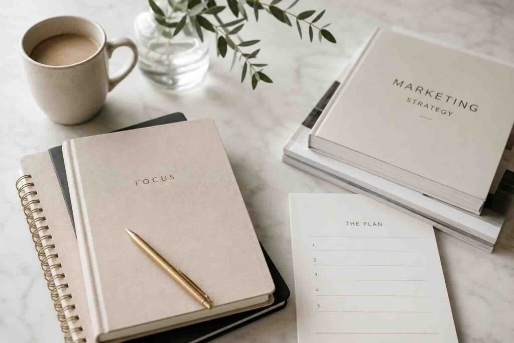 Marketing strategy workspace with notebook, planner and coffee