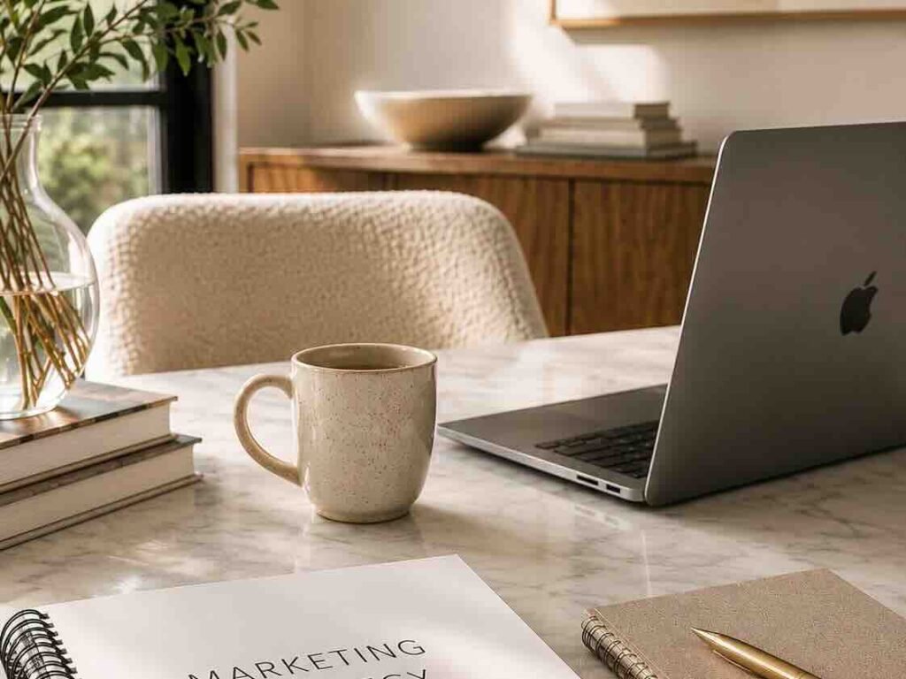 Marketing strategy workspace with laptop, planning materials, notebook and coffee