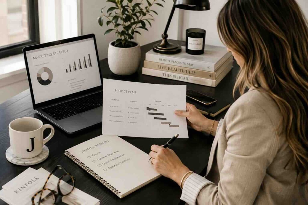 Marketing leader reviewing a strategic project plan, priorities and performance data
